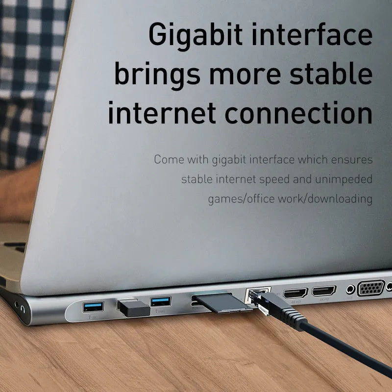 Grey ten-port aluminum alloy docking station with HDMI VGA and Gigabit ports