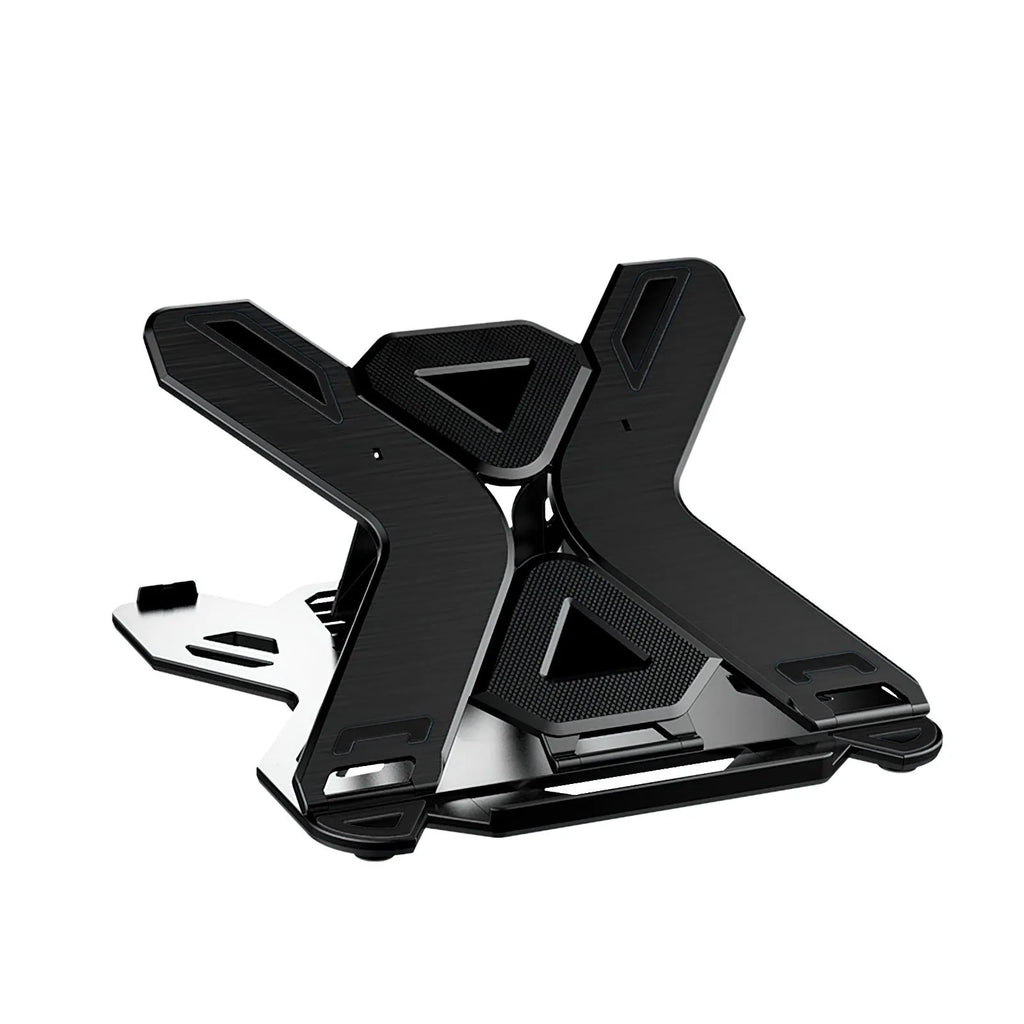 Black ABS plastic laptop bracket with 300x200mm support area on wooden desk
