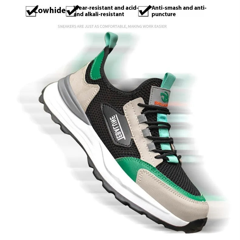 Black green safety shoes with mesh upper and plastic steel toe cap on TPU sole