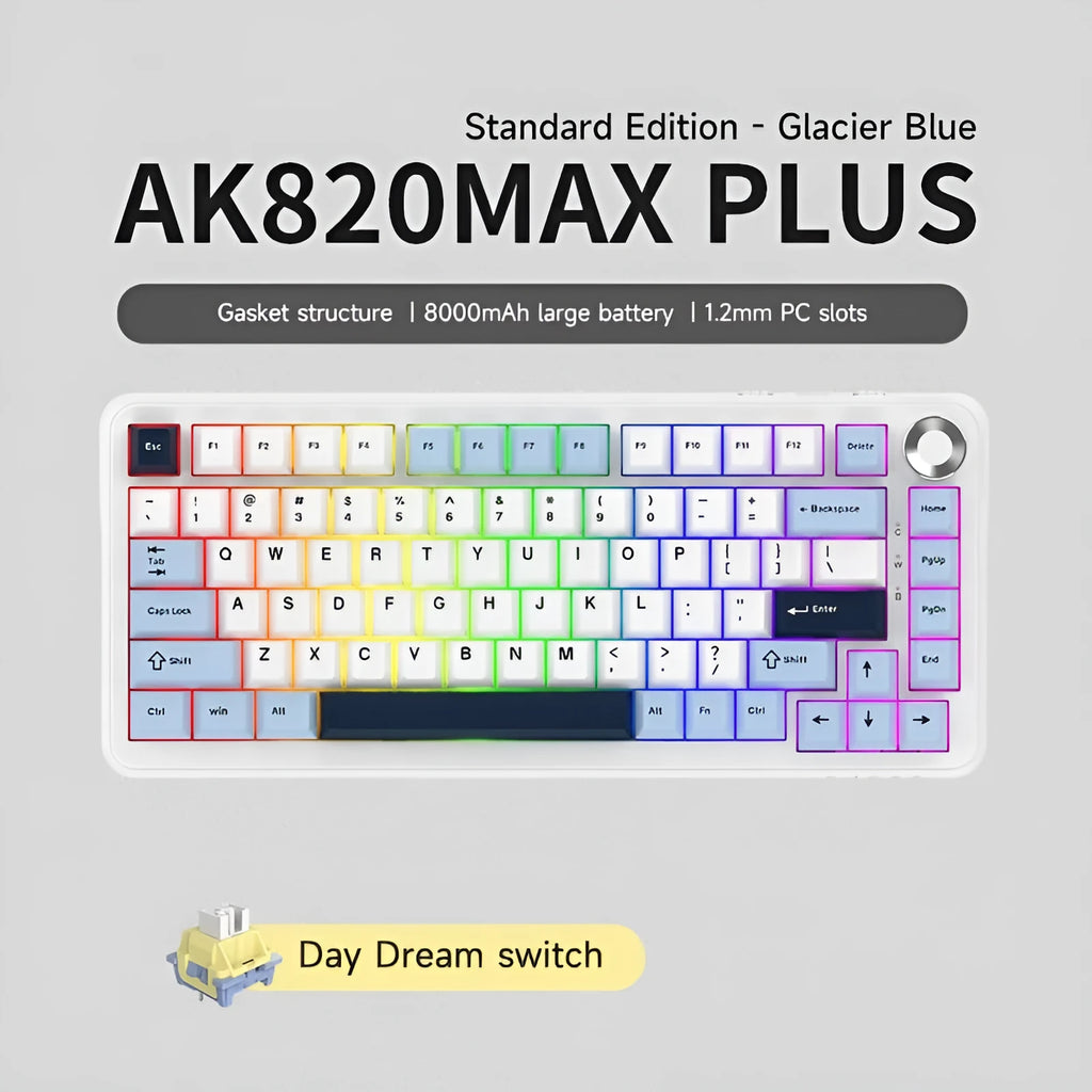 Wireless mechanical keyboard with black, grey and yellow colour scheme showing compact 75% layout with arrow keys
