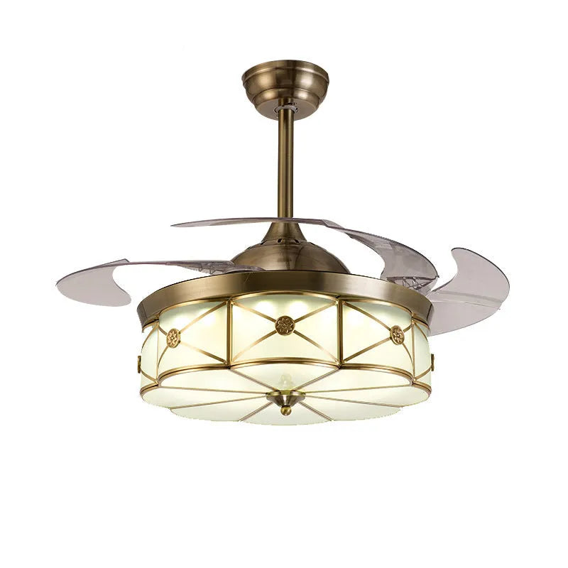 Gold 42-inch ceiling fan light with invisible blades and remote control on a white ceiling.