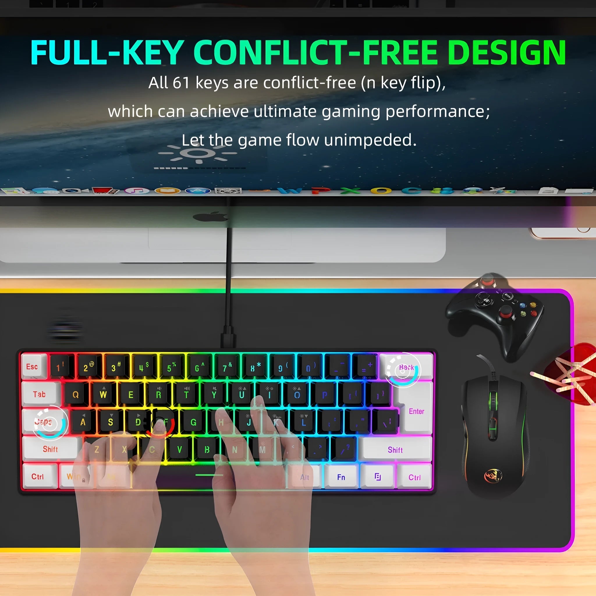 White and black gaming keyboard and mouse combo with colour backlight illumination visible on keys
