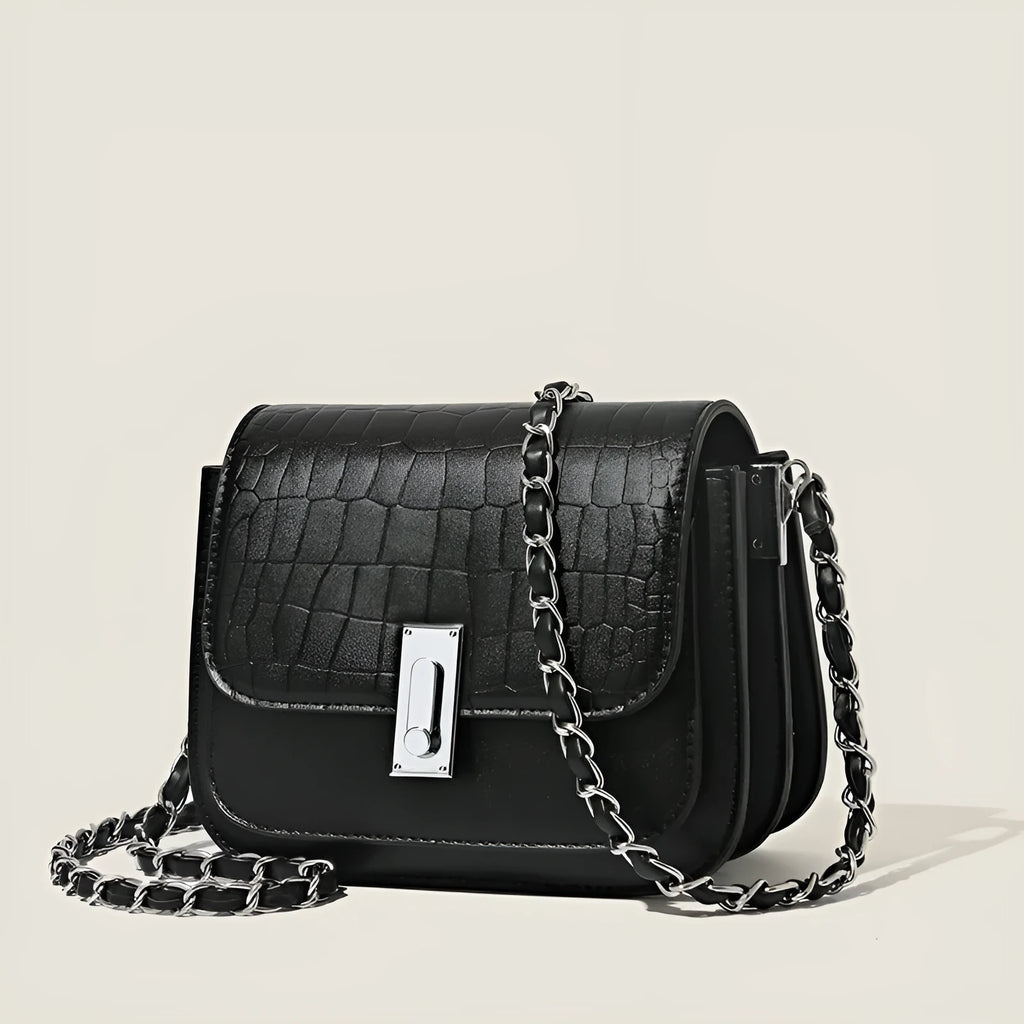 Soft PU women's shoulder bag with chain strap and horizontal square design in black colour