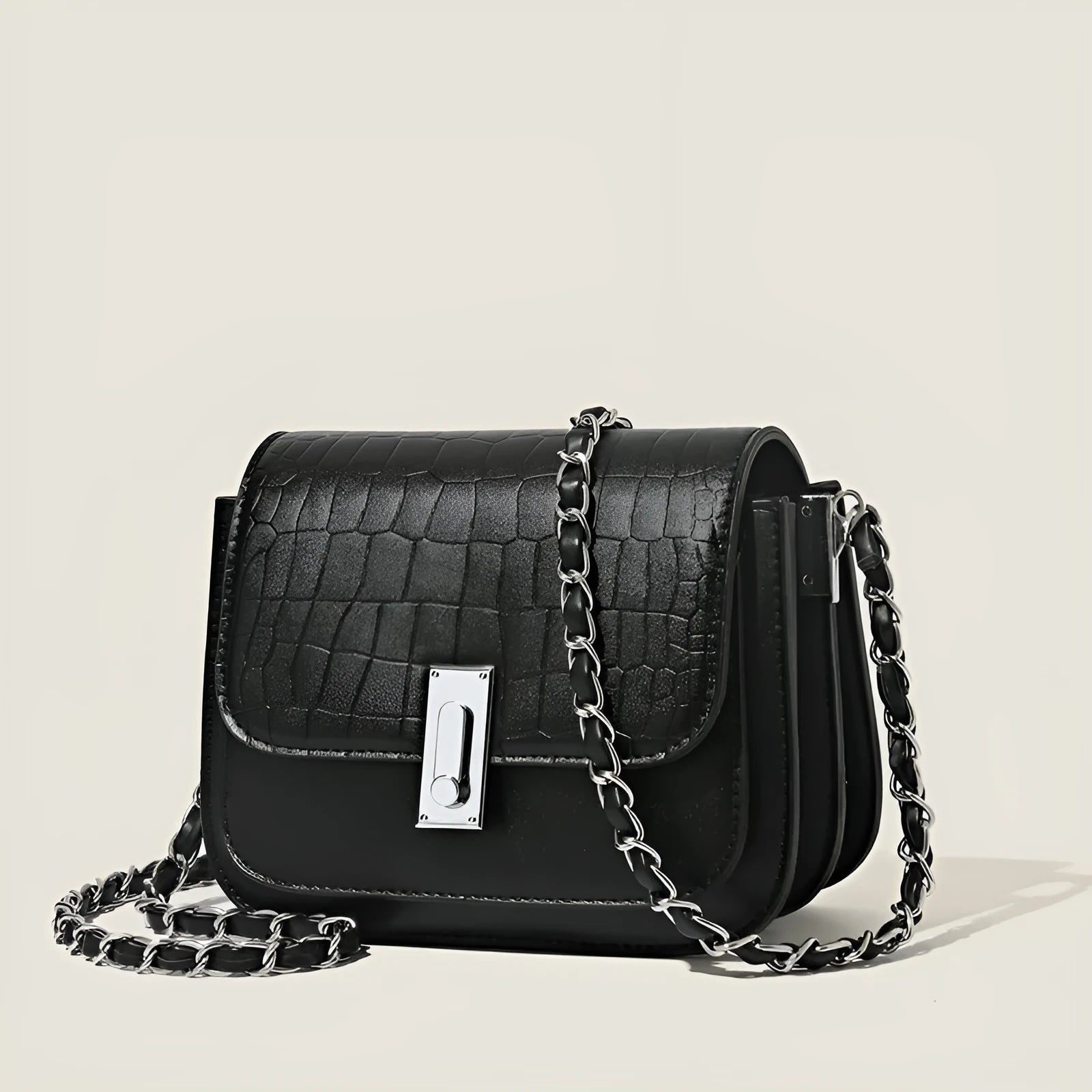 Soft PU women's shoulder bag with chain strap and horizontal square design in black colour
