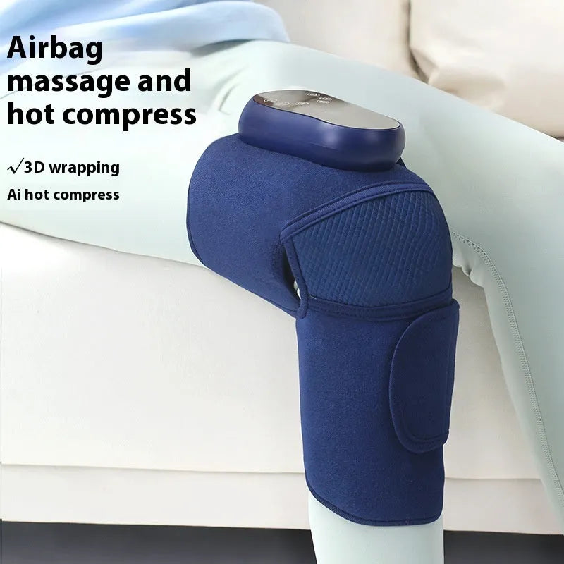 Blue self-heating knee massager showing airbag and control panel for vibration, heat, and compression functions.