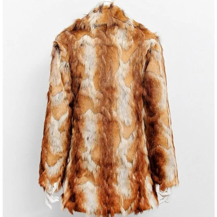 Women's faux fur jacket with black and orange tiger print pattern, medium length street fashion coat.