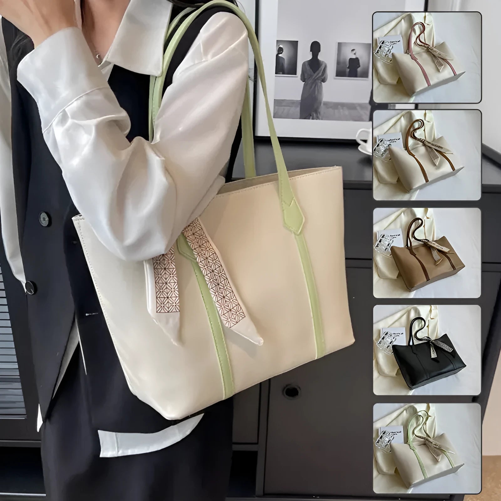 Large soft tote bag with crossbody strap shown in available colour options including black, khaki, white and pink