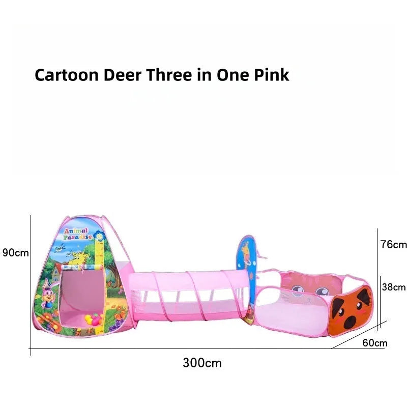 Colourful three-in-one children's play tent with ball pool and crawl tunnel in a marine cartoon theme.