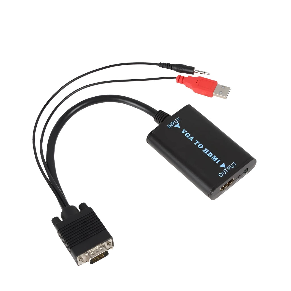 Black VGA to HDMI converter with USB cable for audio and power, showing 15cm converter length