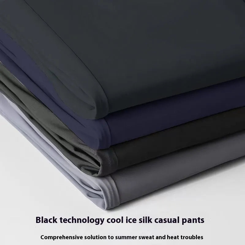 Men's straight-leg ice silk trousers in black colour with elastic waistband for casual wear