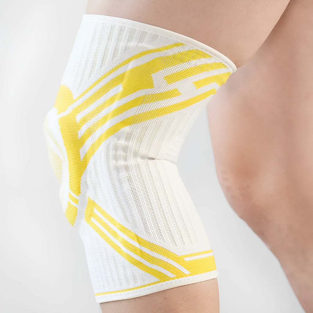 High elasticity knee pads in blue, yellow, and grey colours for adult sports protection