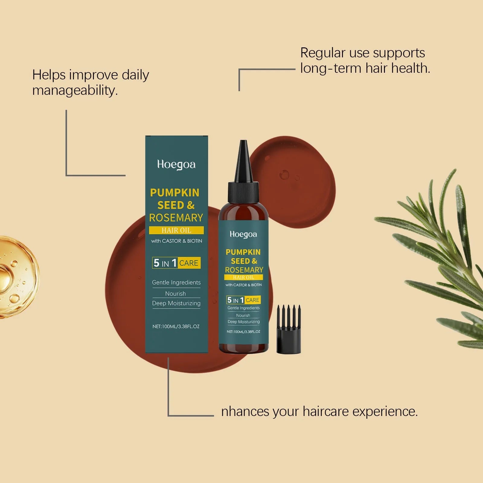 Rosemary essential oil 100ml bottle with pointed applicator nozzle and hair comb set