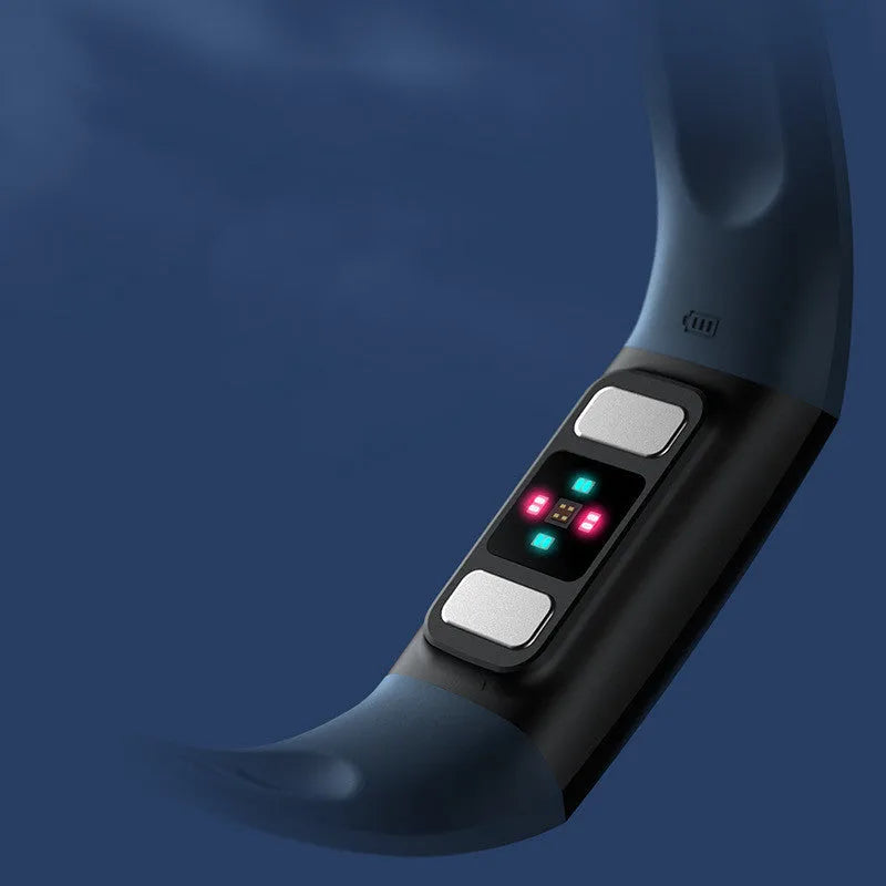 Black smart health monitoring bracelet with a 1.1-inch screen on a wrist strap.