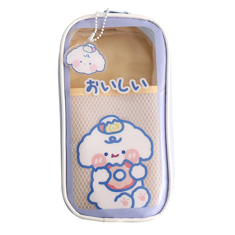 Transparent PVC pencil case with Korean cartoon pattern design for school stationery storage