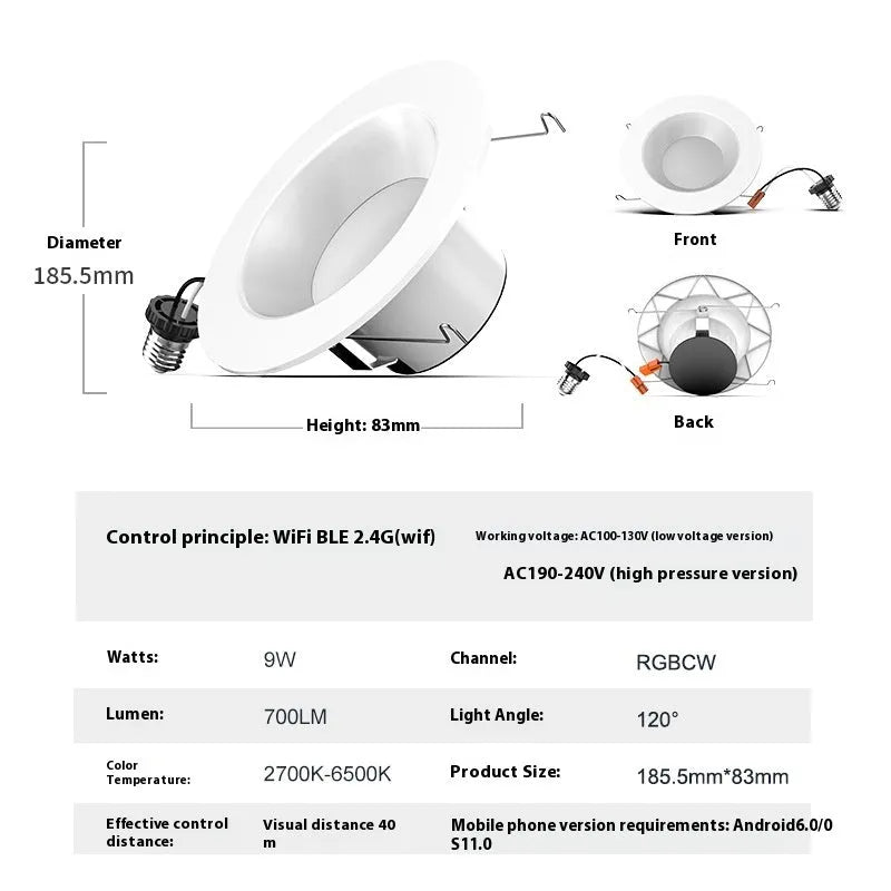Smart WiFi Bluetooth RGBW ceiling lamp body with E26 base showing colour changing light and PC aluminum housing