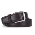 Men's black genuine leather belt with a silver alloy pin buckle fastener on a plain background