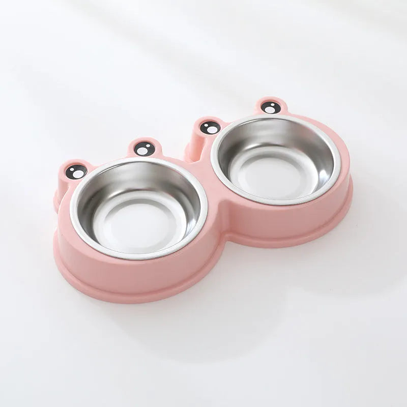 Stainless steel pet bowl with ceramic frog base and dual food water compartments