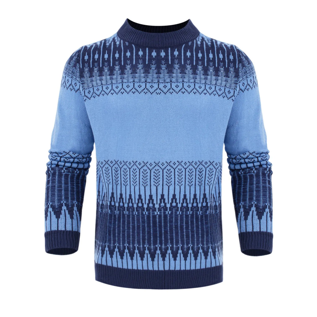 Men's knitted long-sleeved pullover sweater on a model, shown in one of several available styles.