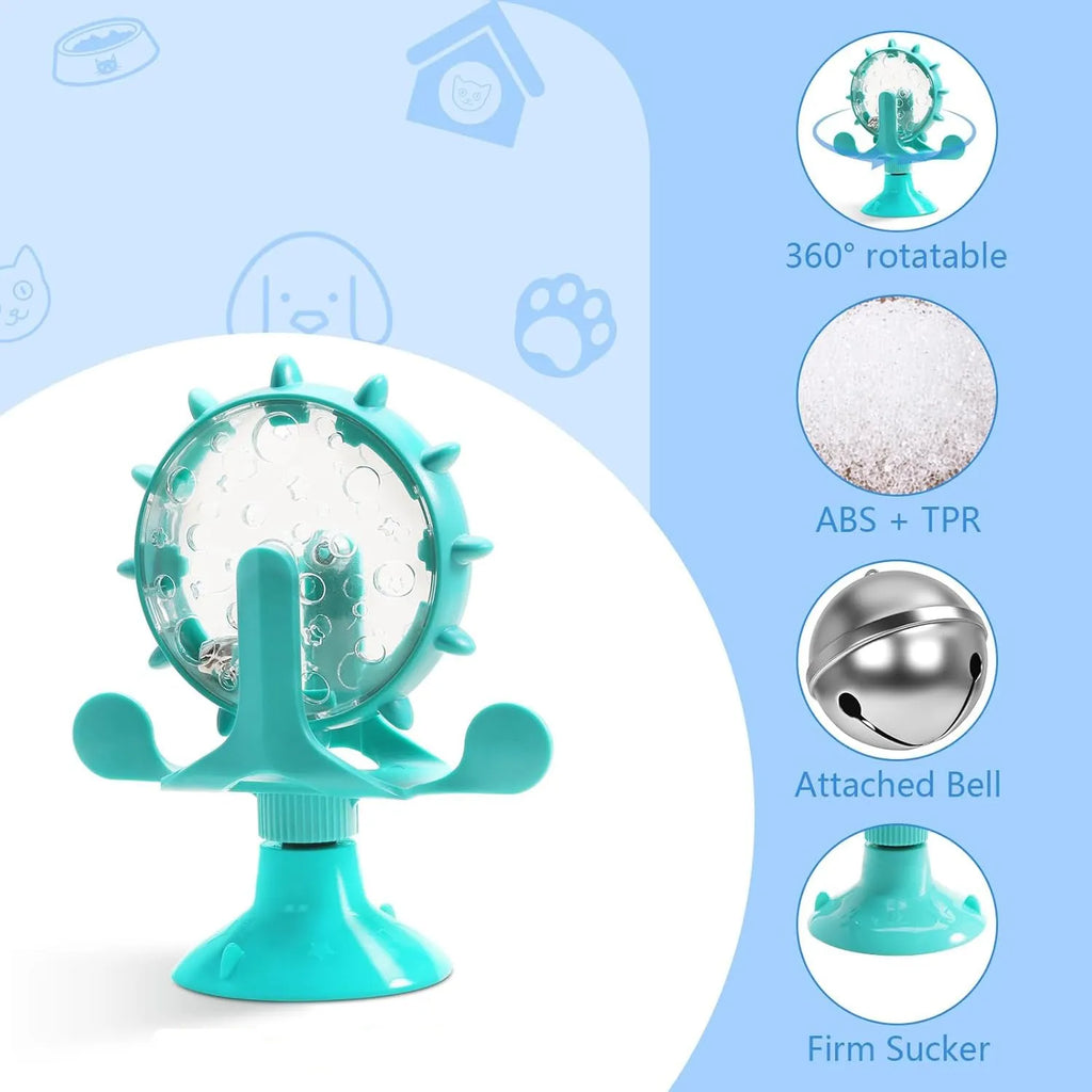 Blue interactive pet puzzle toy with spinner and suction cup base for cats and small dogs