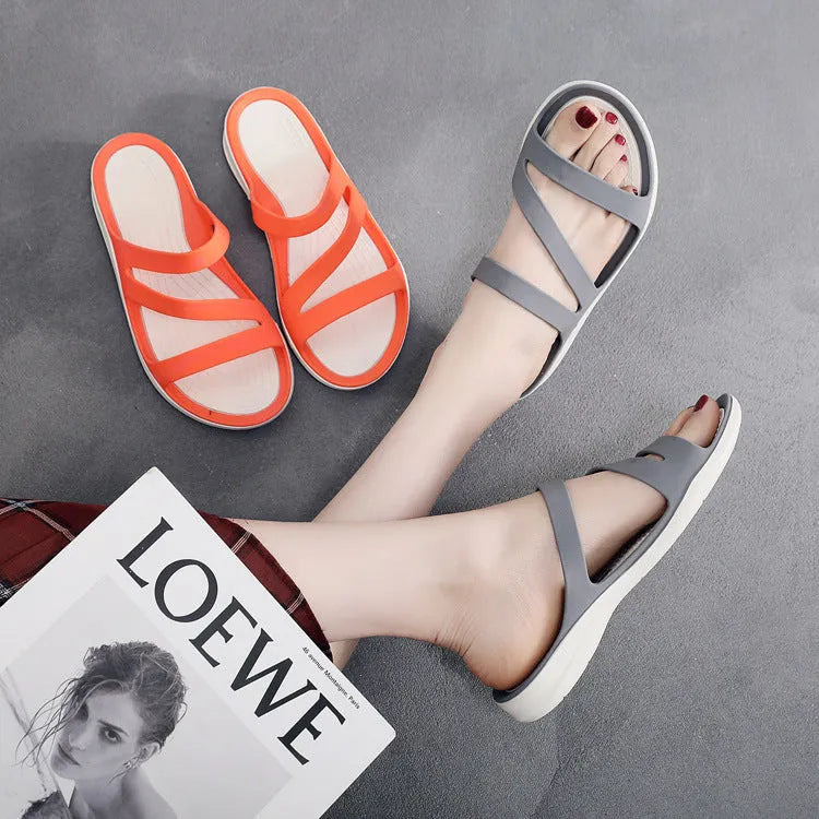 Solid colour women's casual slip-on sandals for summer and beach, shown in multiple colours.