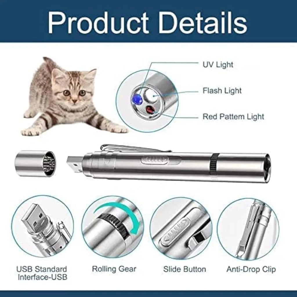 Silver aluminium cat toy pointer wand showing projection patterns including red dot, mice and butterfly