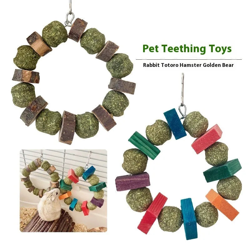 Hamster toy with Applewood molar chew rod and decorative straw ball ring for small pets
