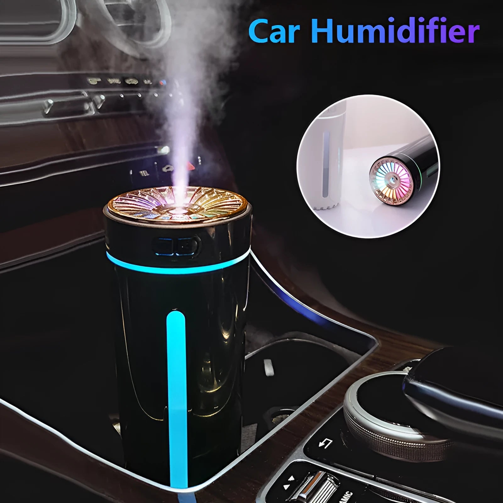 Black USB rechargeable ultrasonic humidifier with LED lights on a car cup holder