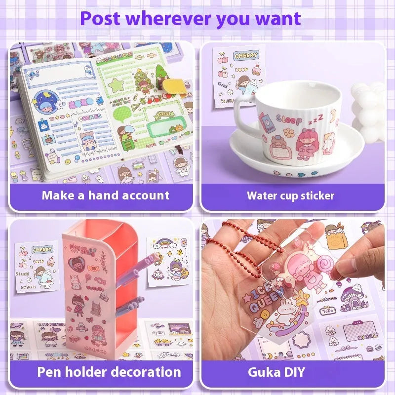 Children's goo card sticker book showing five themed collections: cute meatballs, peach tea party, star team, sweet diary, and happy everyday designs