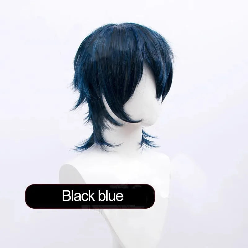 Short anime-style cosplay wig with a lengthened, straight hair tail on a wig stand.