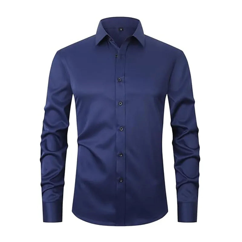 Men's long sleeve stretch work shirt in polyester fabric on a hanger