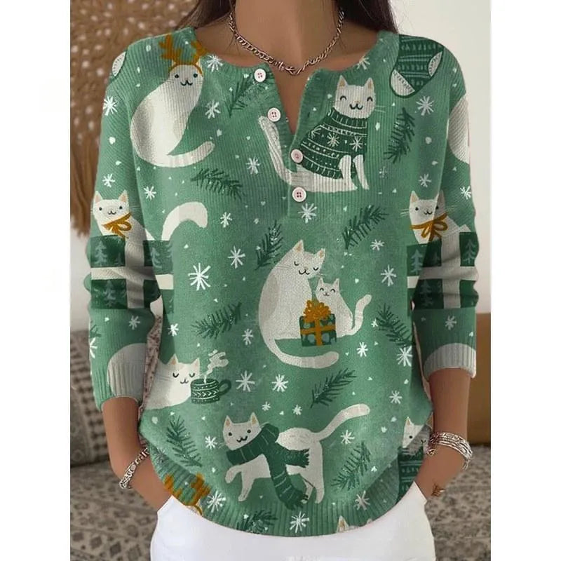 Retro Christmas 3D digital printing T-shirt with four-button stand collar and pullover style, polyester, 50cm length.