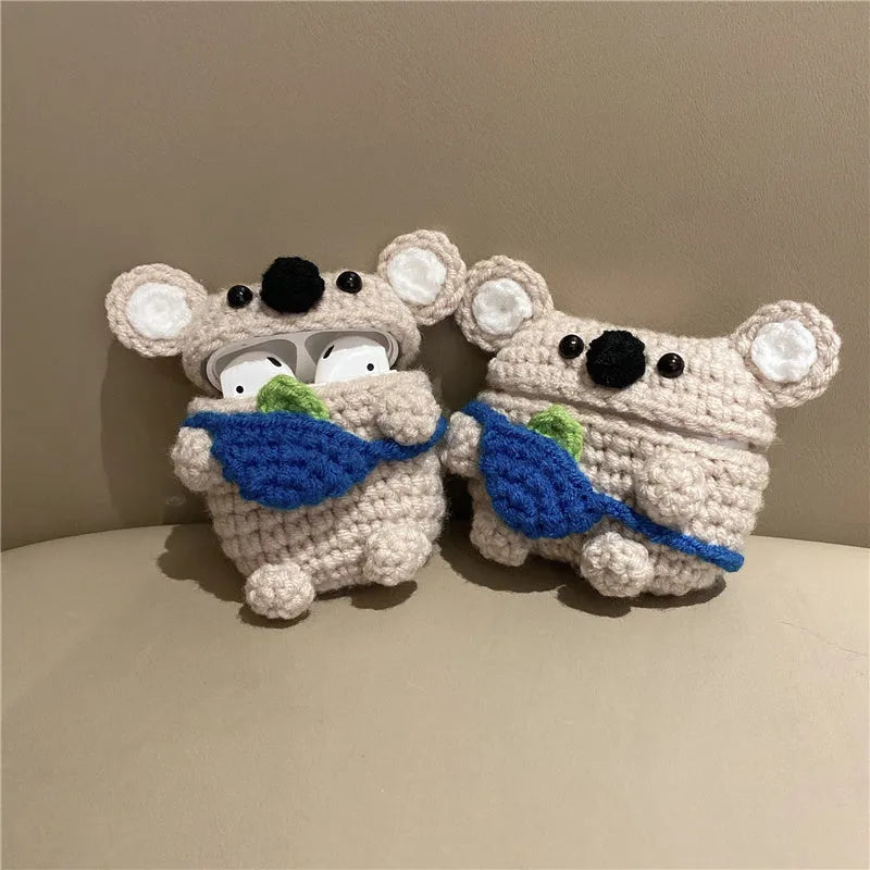 Handmade knitted koala bear backpack design protective case for AirPods charging case.