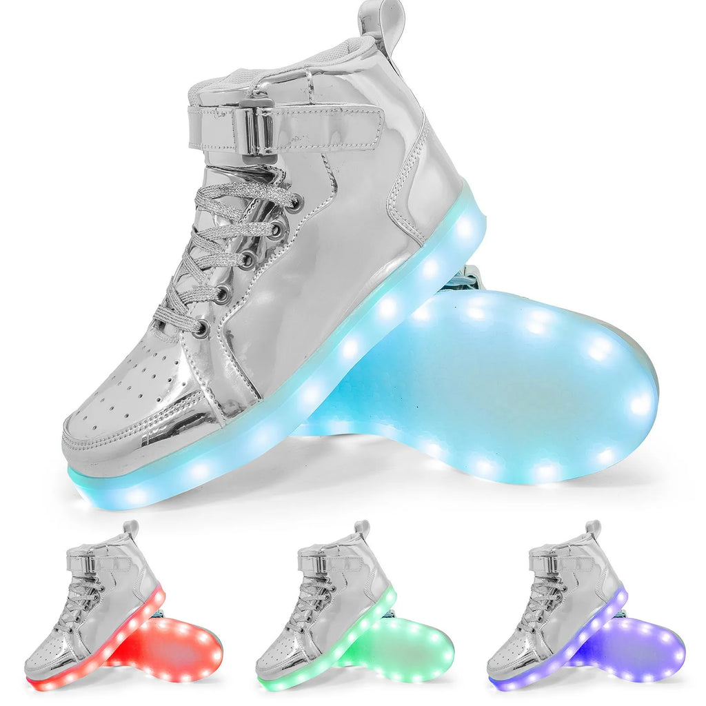 A pair of black high-top LED light-up board shoes with a Velcro strap, showing the illuminated soles.