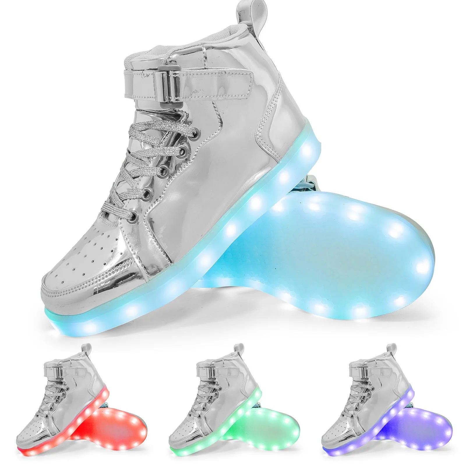 A pair of black high-top LED light-up board shoes with a Velcro strap, showing the illuminated soles.