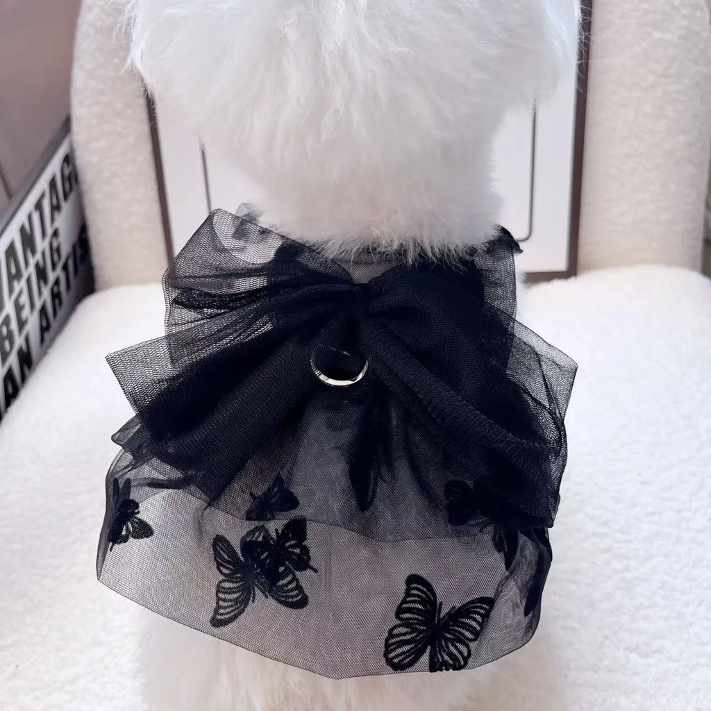 Black polyester tulle princess skirt for small dogs or cats shown on size chart