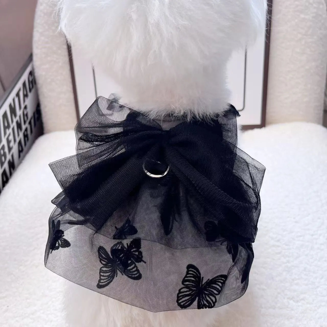 Black polyester tulle princess skirt for small dogs or cats shown on size chart