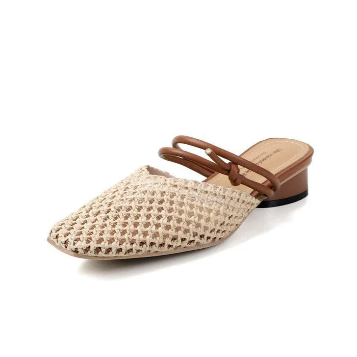 Women's black French-style square toe slippers with hollow-out design and chunky heel
