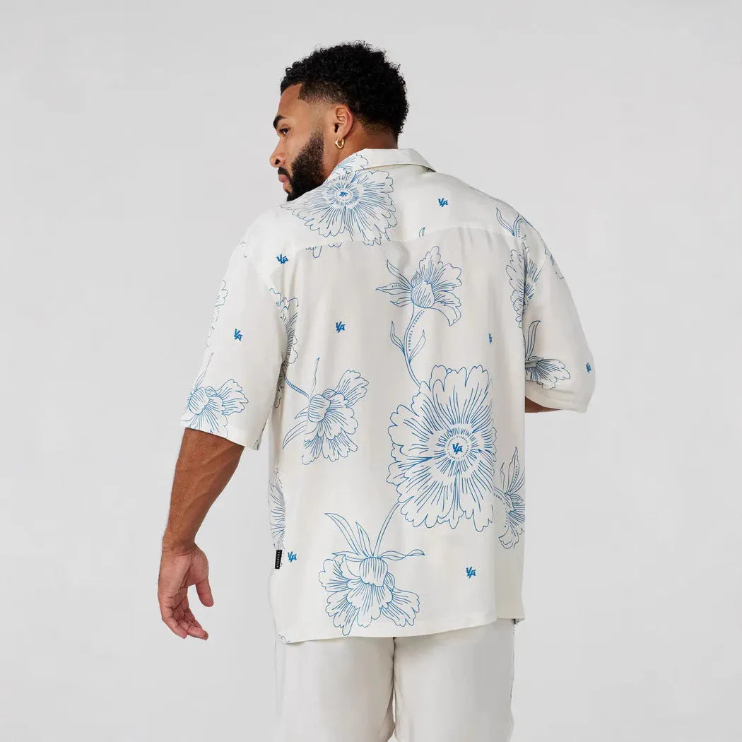 Men's loose fit short sleeve cardigan with printed floral pattern in beige colour
