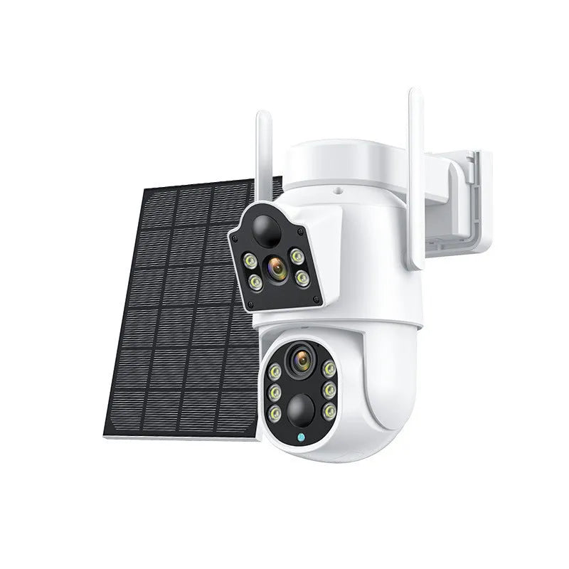 Outdoor solar-powered wireless WiFi security camera with solar panel on white background