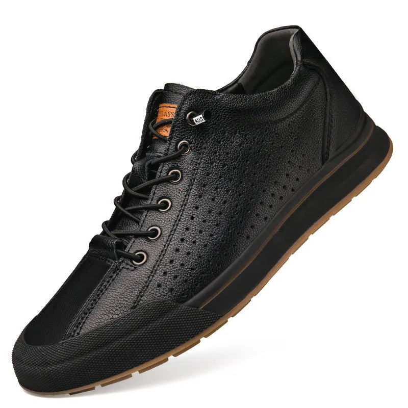 Men's white and black leather shoes with flat heel and round toe design
