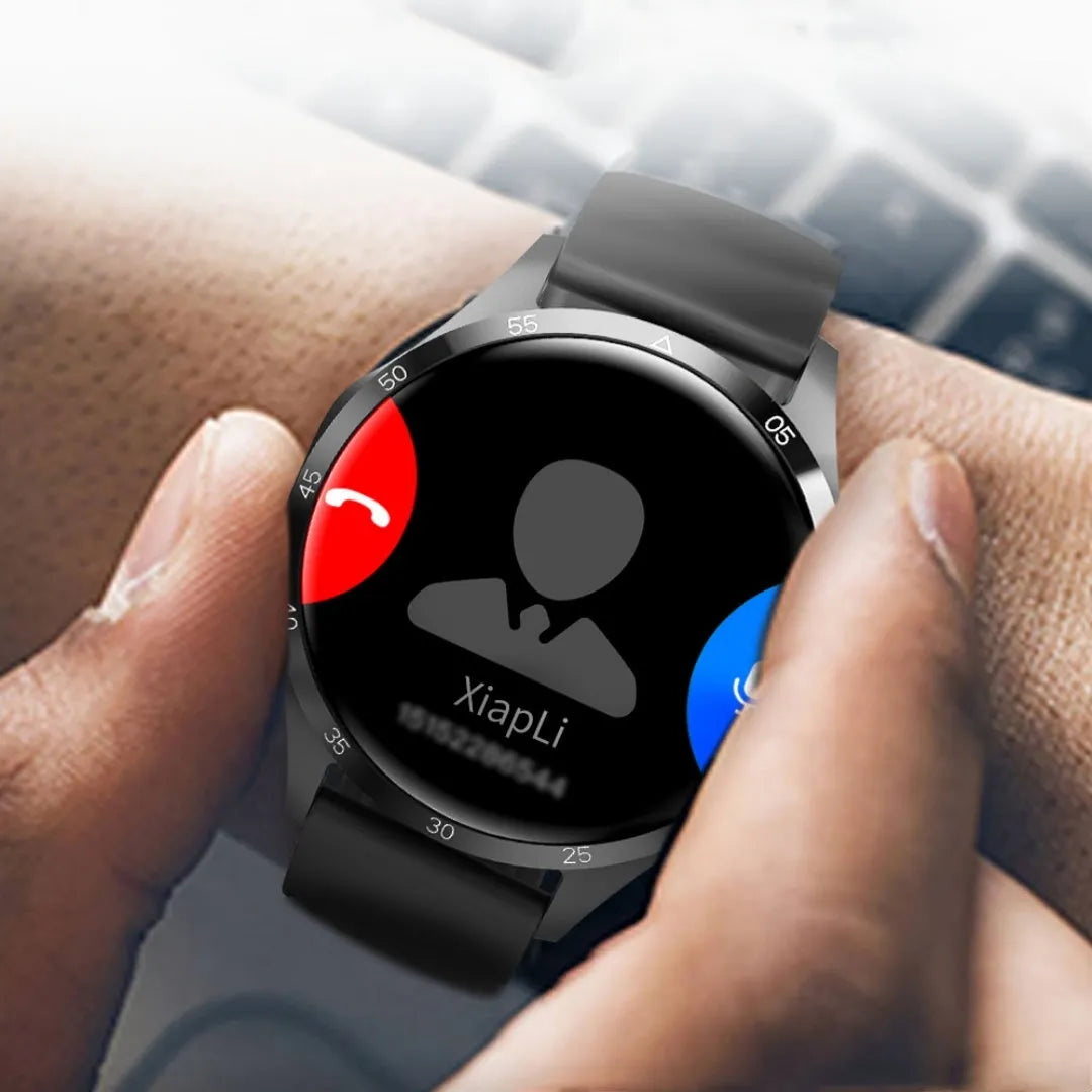 Black smartwatch with Bluetooth calling and health tracking features on a silicone strap.