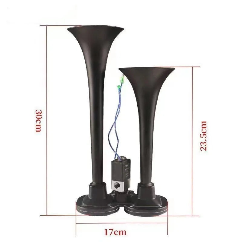 Black dual trumpet car air horn kit with compressor for 12V and 24V vehicles