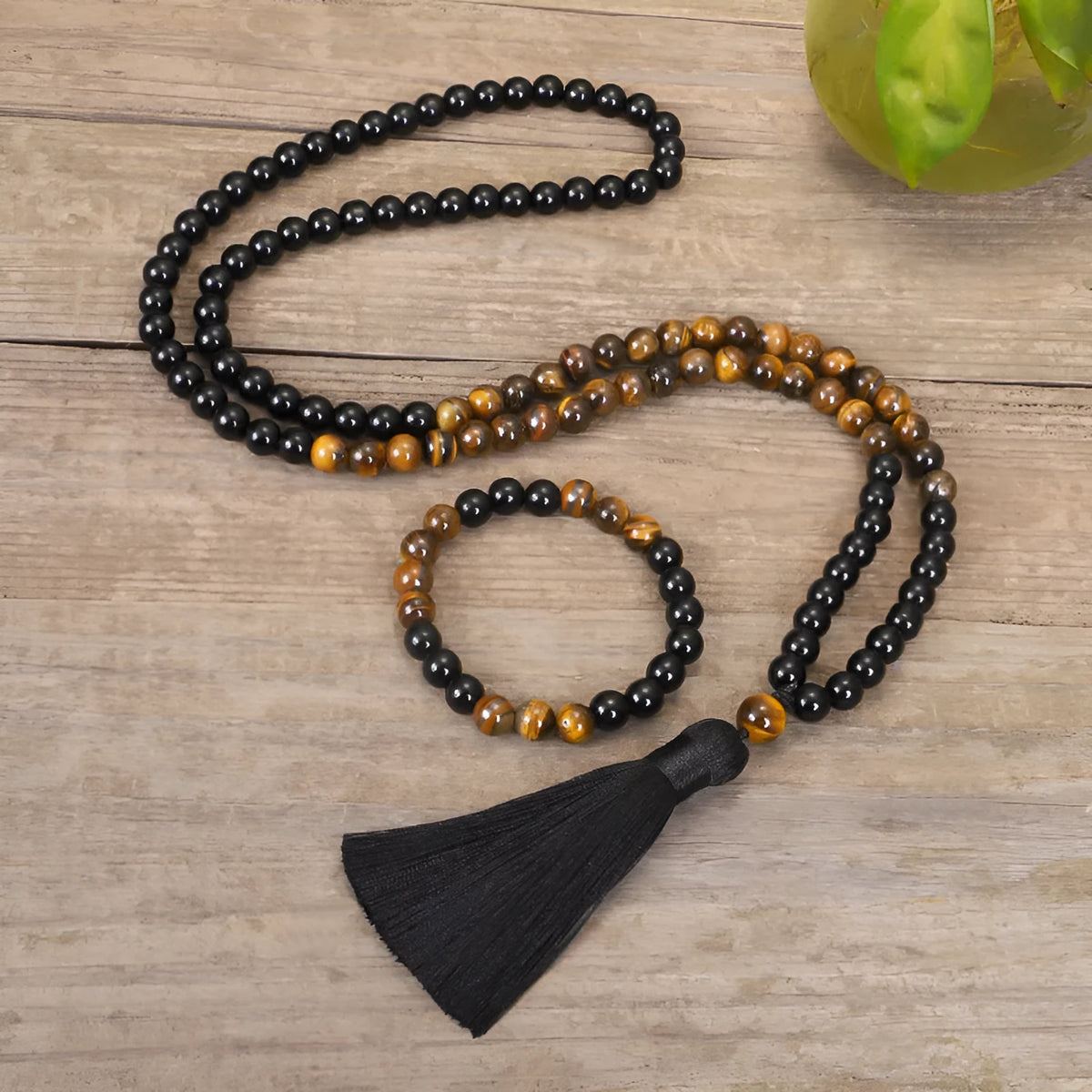 Tiger eye stone tassel pendant on ball bead chain necklace with national style design