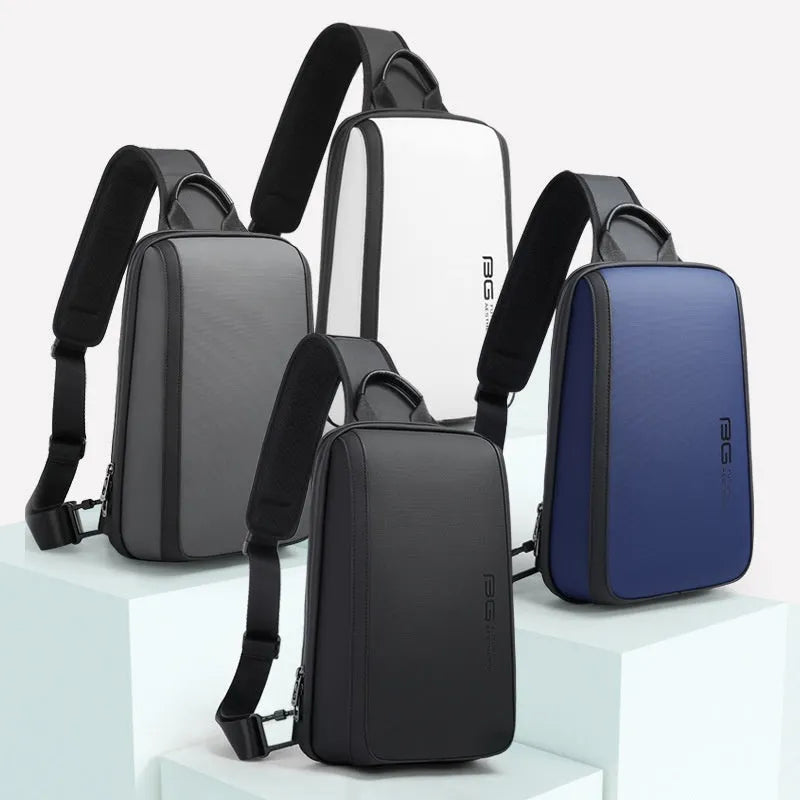 Blue Oxford cloth chest bag for men with shoulder straps, shown closed.