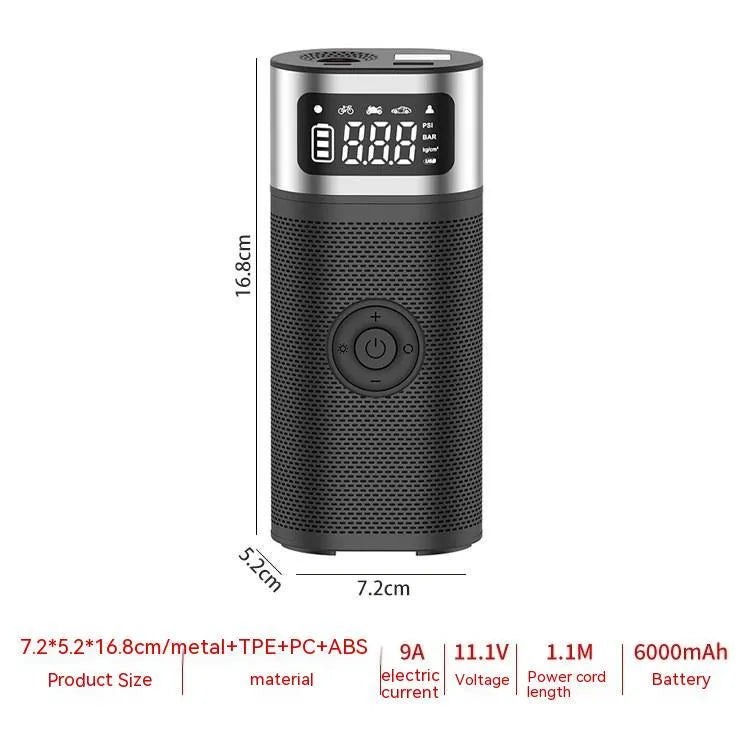 Black portable wireless vehicle air pump with 15cm tube, multiple nozzles, and USB charging cable
