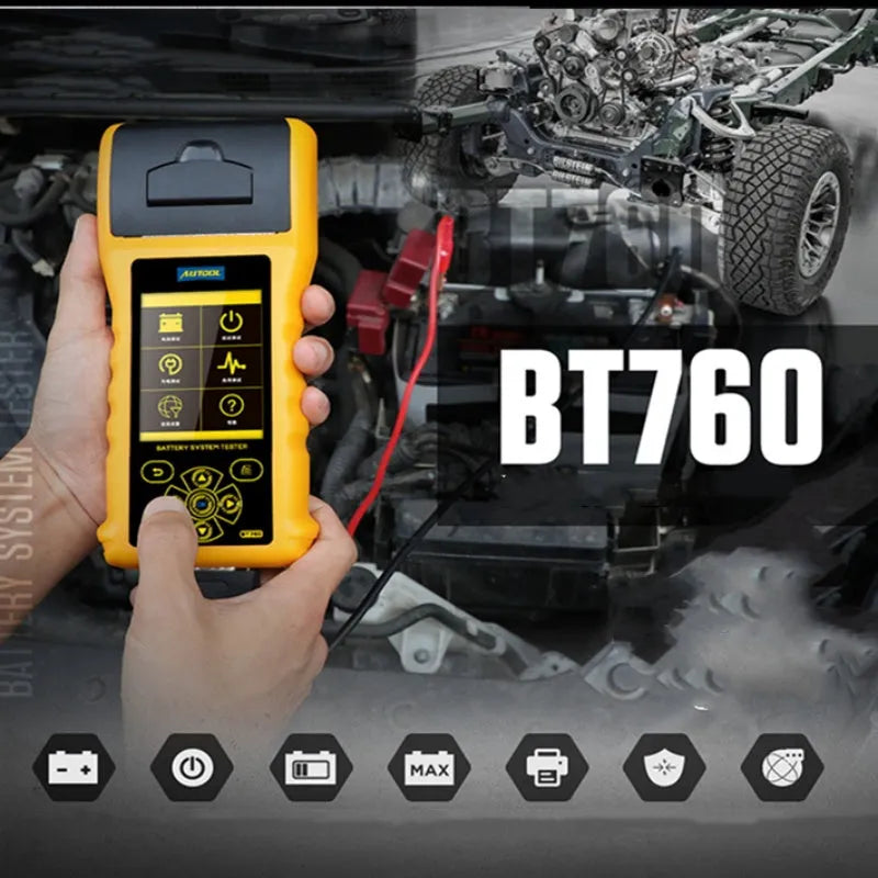 Autool BT760 colour screen automotive battery tester with clip leads and printed diagnostic receipt.