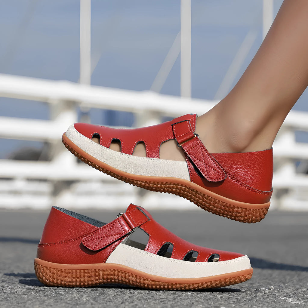 Plus size women's flat heel sandals with hollow breathable design in white, red, or blue colours