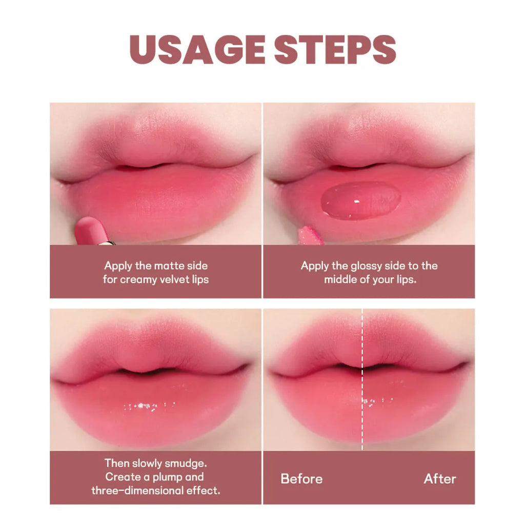 Double-headed lipstick with matte finish and lip gloss in ten colour options