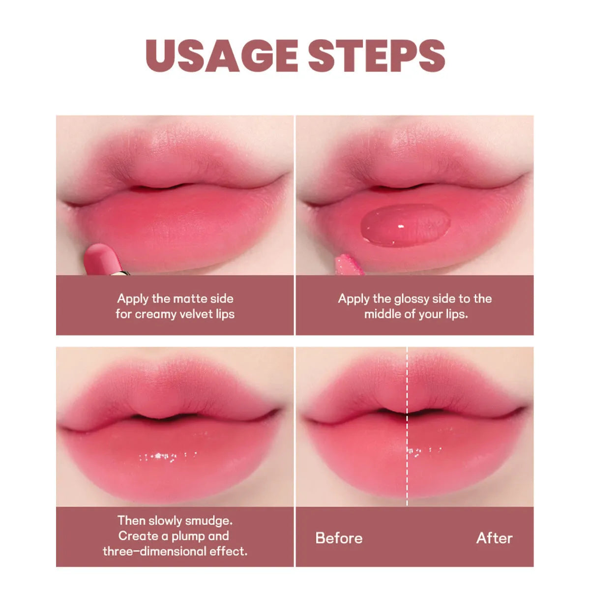 Double-headed lipstick with matte finish and lip gloss in ten colour options