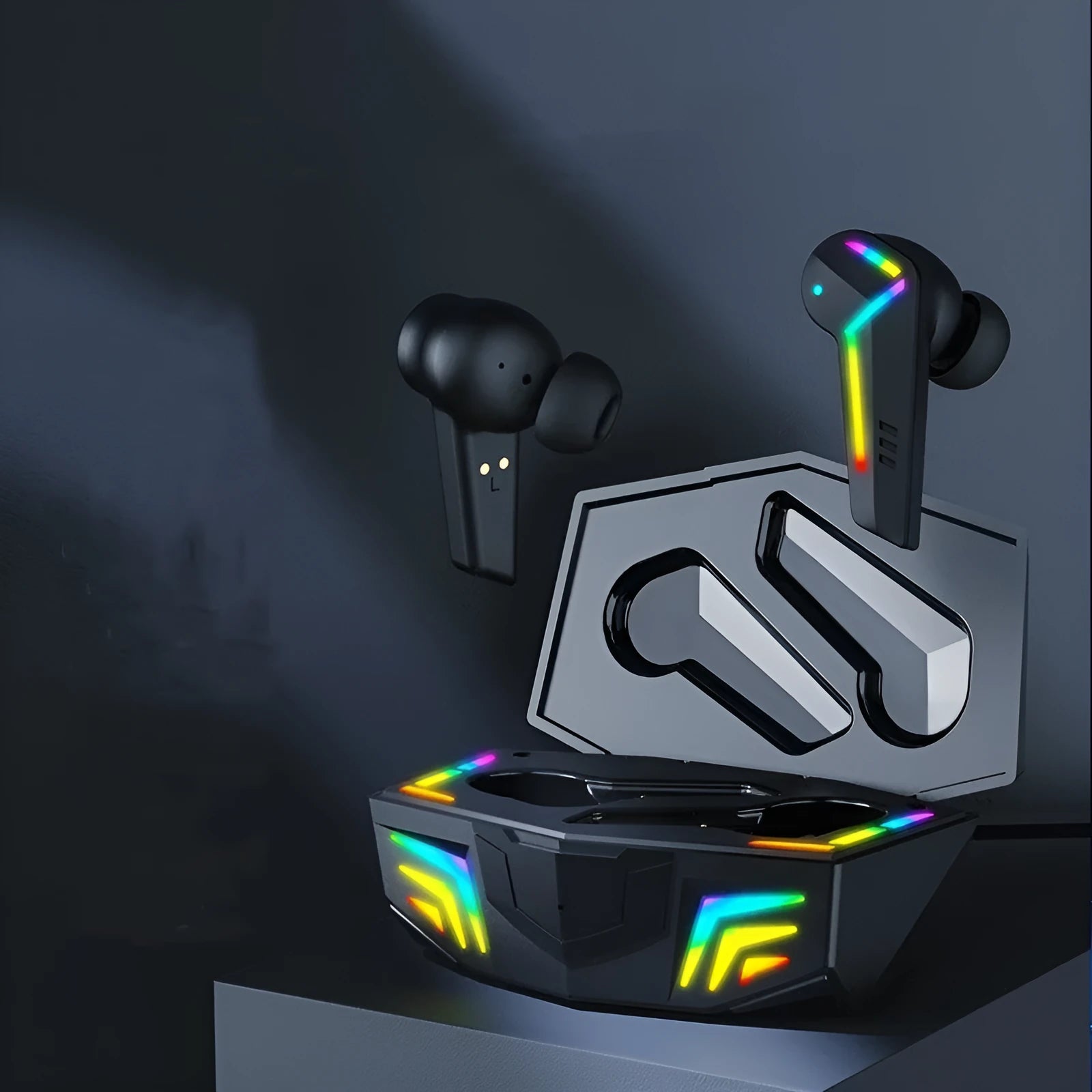 Black TWS Bluetooth sports headset with in-ear earplug design.